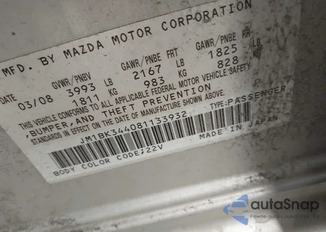 2008 Mazda Mazda3 S Sport из США, поврежденный, VIN JM1BK344081133932